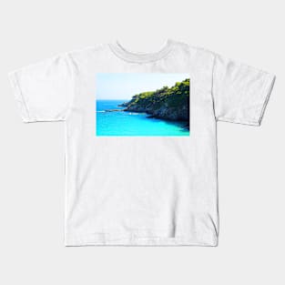 Scenery from Tremiti Islands with rocky slopes, a bather and a boat, Adriatic Sea Kids T-Shirt